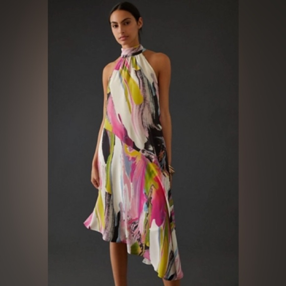 Anthropologie Vibrant High Low Dress Size M SHELL 100% Silk linin 100% Modal